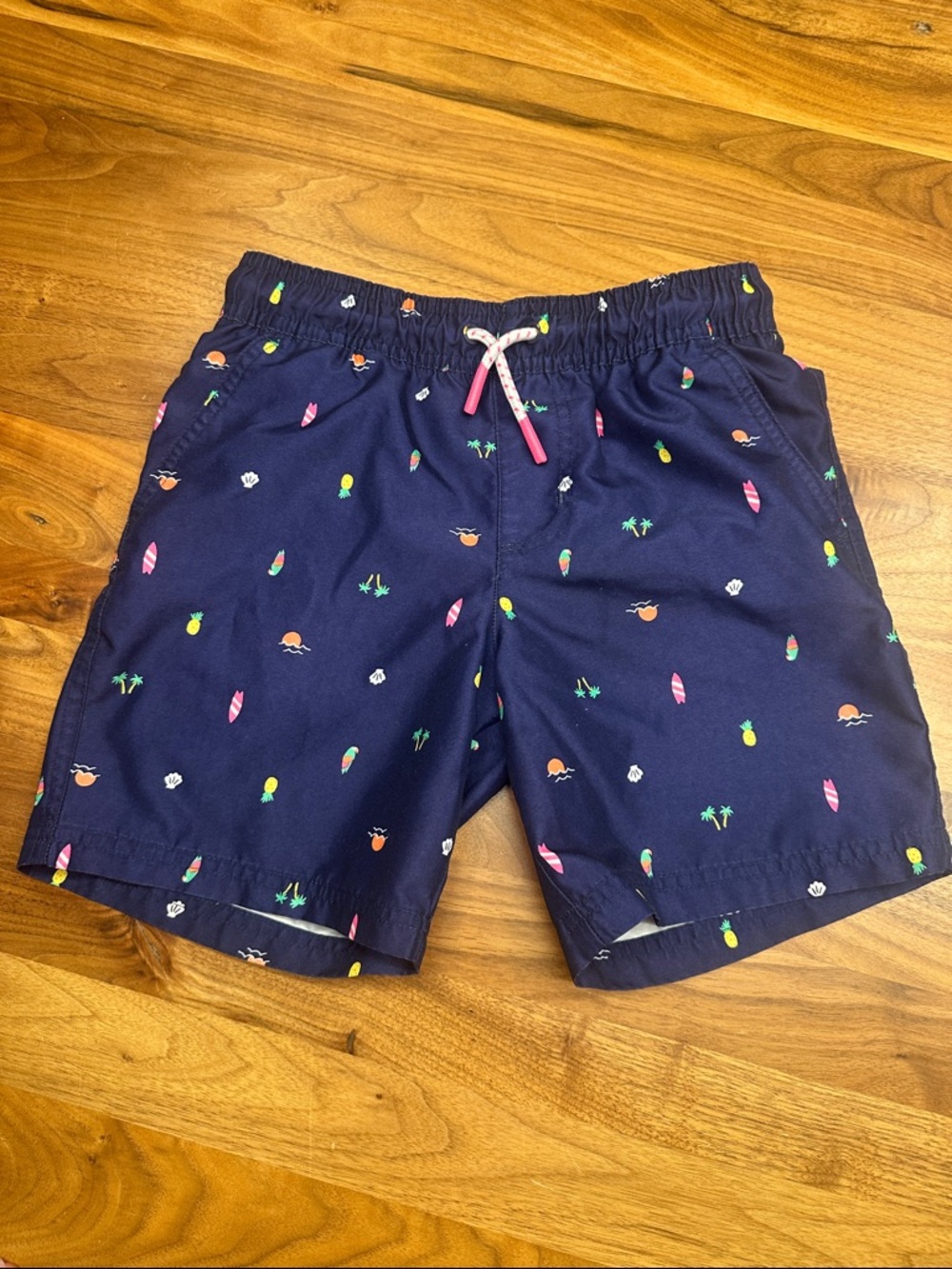 Cat & Jack Navy Blue Swim Trunks with Neon Tropical Print
